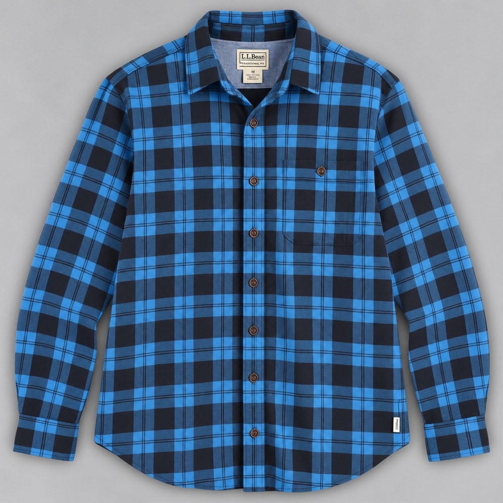 LL Bean Mens Blue Black Plaid Traditional Fit Flannel Button Down Shirt